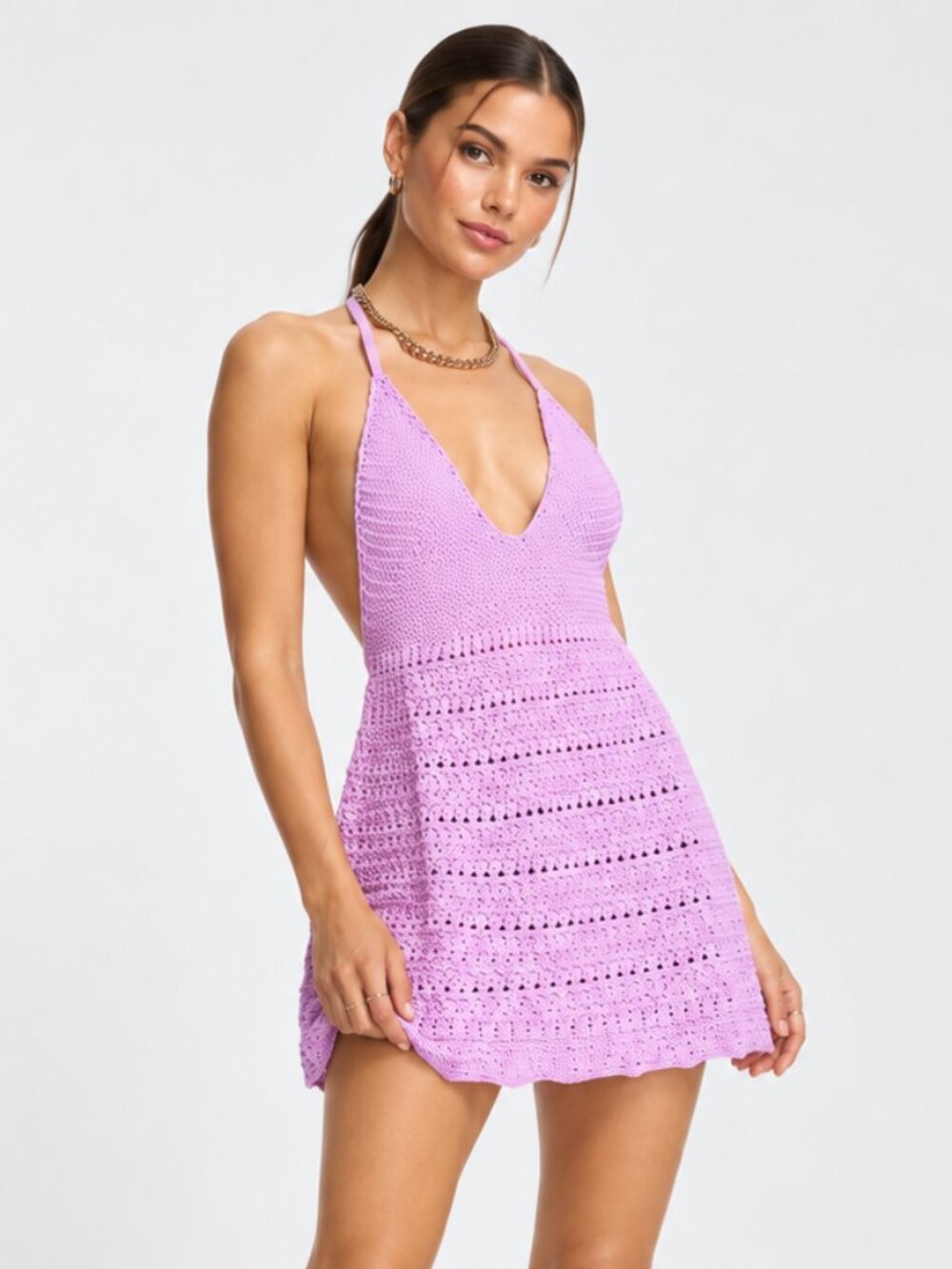 ASOS Collusion Lilac Purple Crochet Knit Plunge Open Back Flare Slip Dress